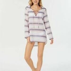 Miken Swim Womens XS Striped Hooded Lace Up Beach Cover Up Cotton Gauze